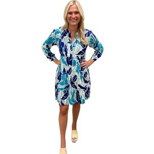 Liza Byrd Crosby Easy Fit Dress In Blue And Teal Tropical Leaf NWT